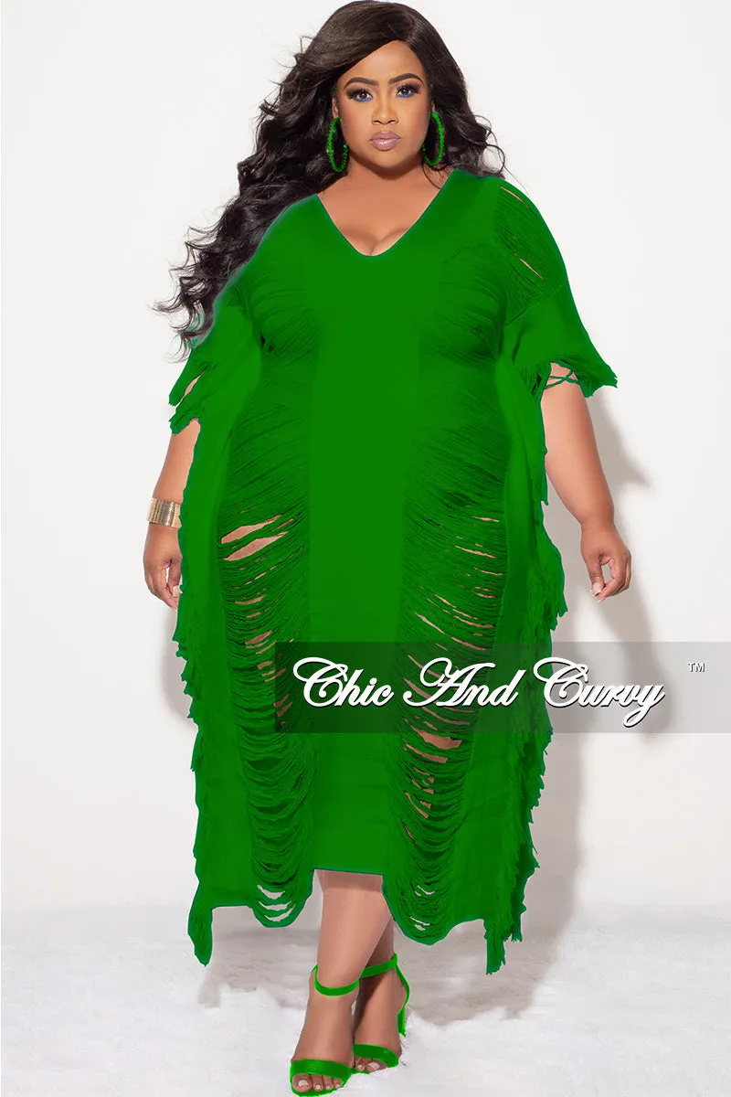 Final Sale Plus Size Distressed Sweater Midi Fringe Dress in Green