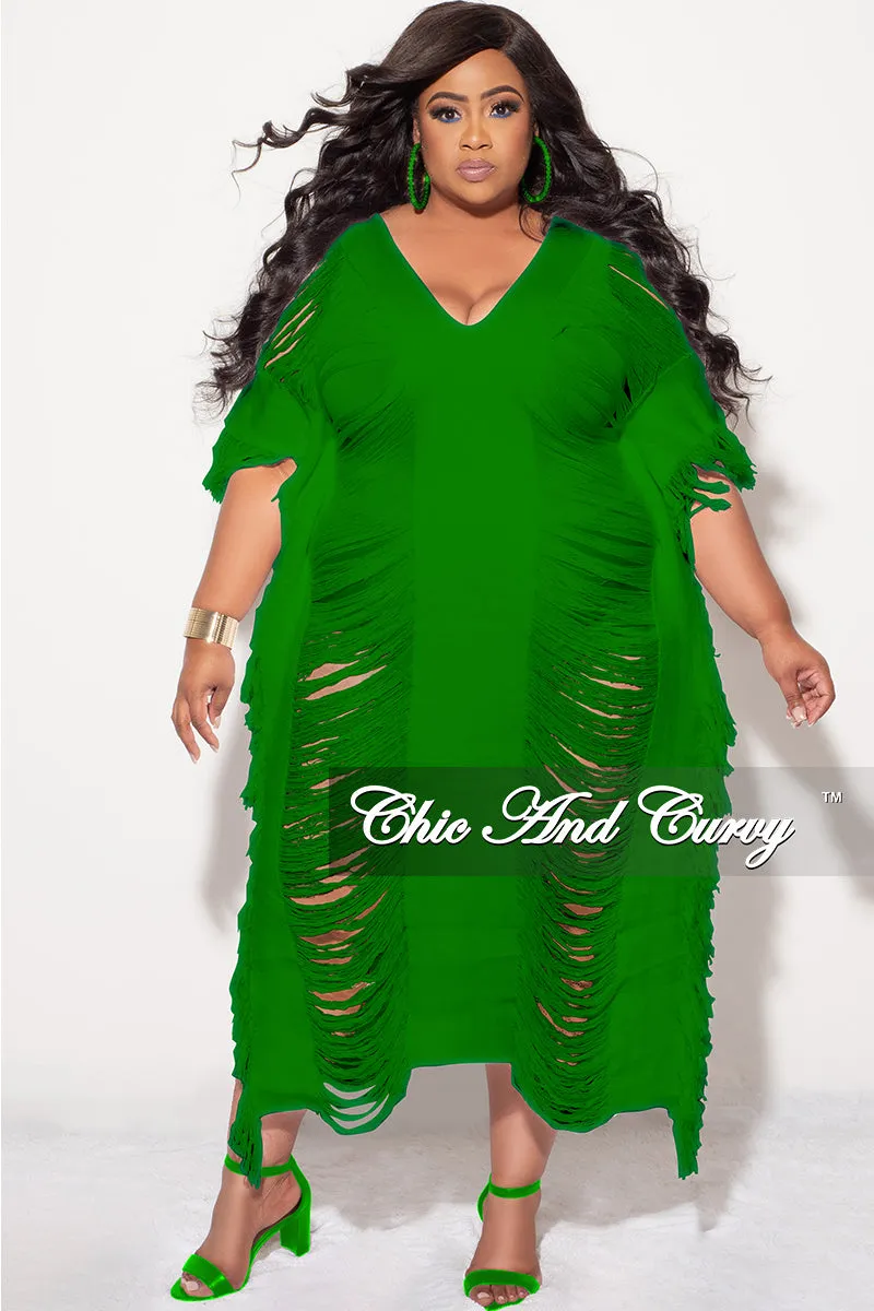 Final Sale Plus Size Distressed Sweater Midi Fringe Dress in Green