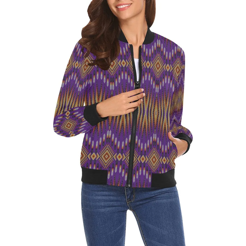 Fire Feather Purple All Over Print Bomber Jacket for Women