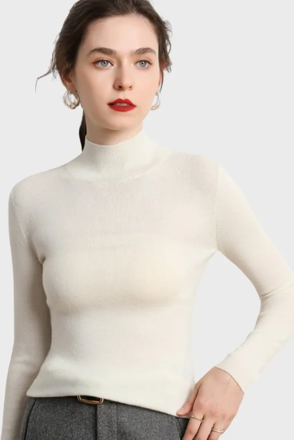 Fitted Mock-Neck Sweater (White Worsted Cashmere Staple)