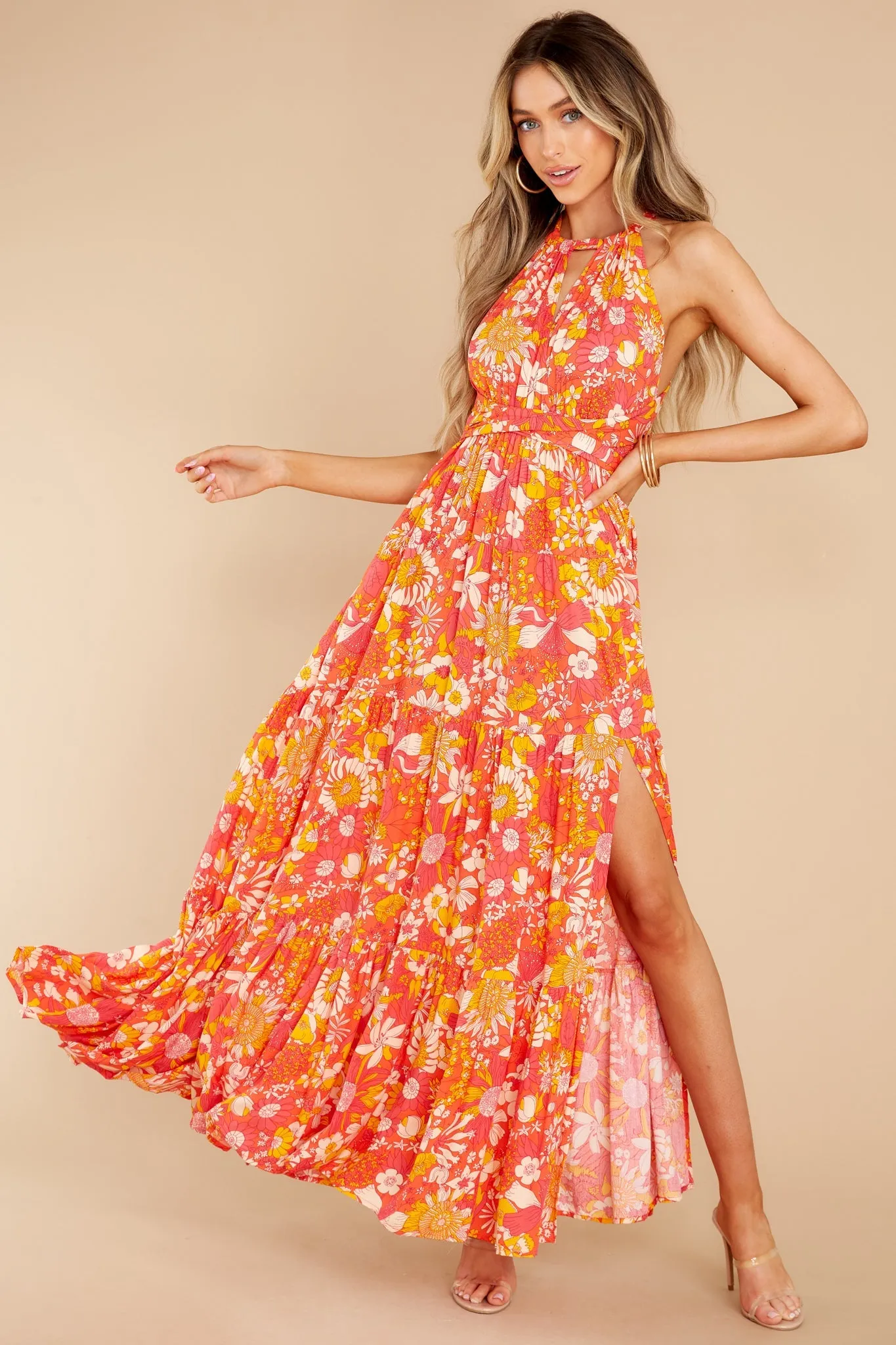 Floral Fantasy Coral Multi Print Maxi Dress