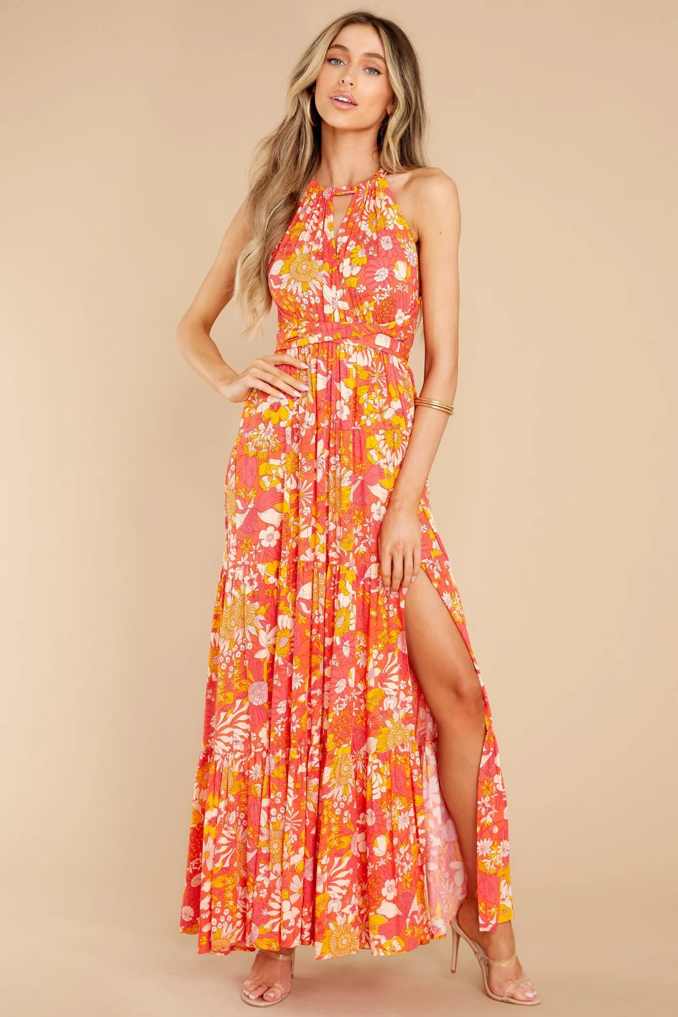 Floral Fantasy Coral Multi Print Maxi Dress