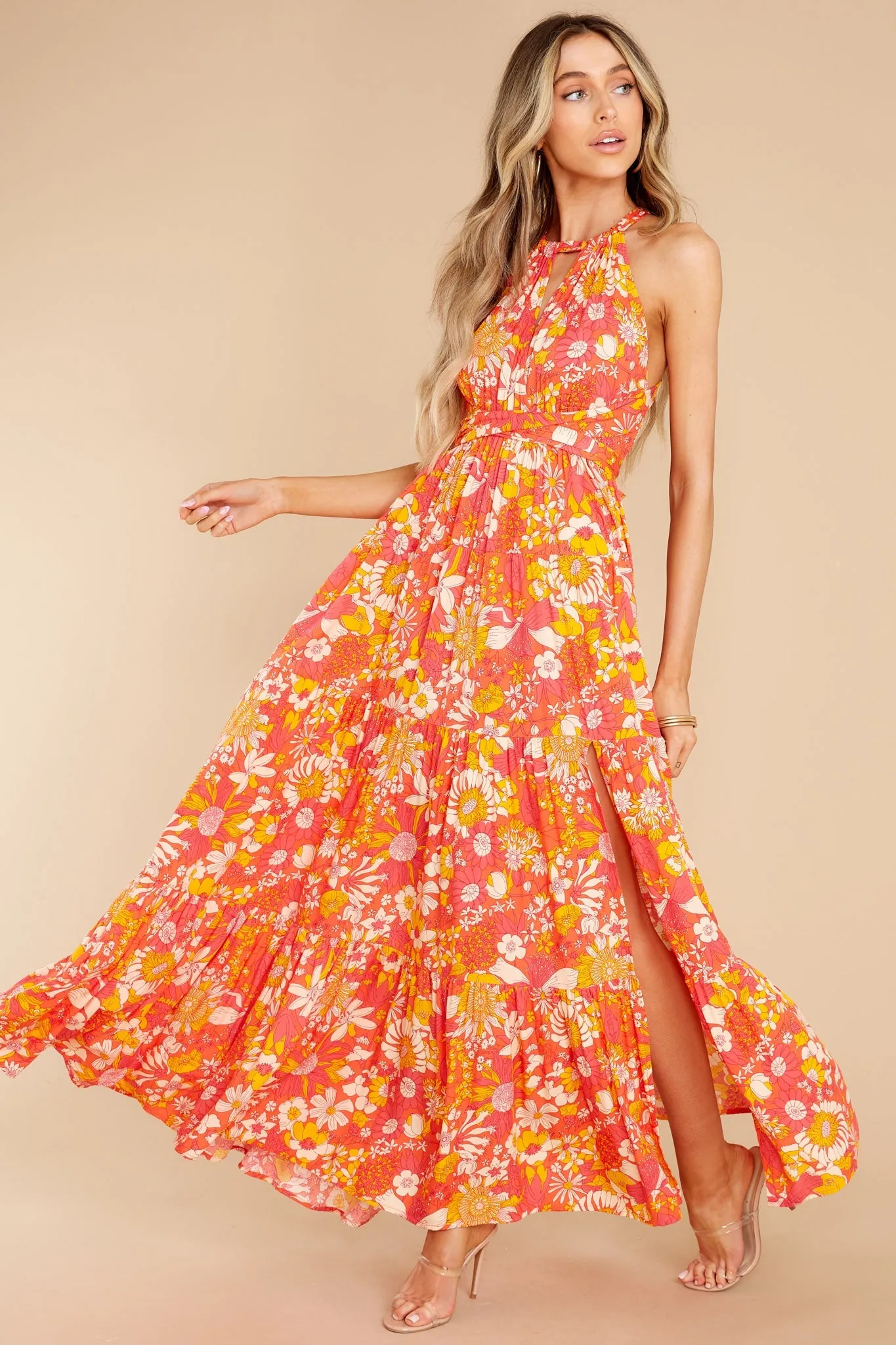 Floral Fantasy Coral Multi Print Maxi Dress