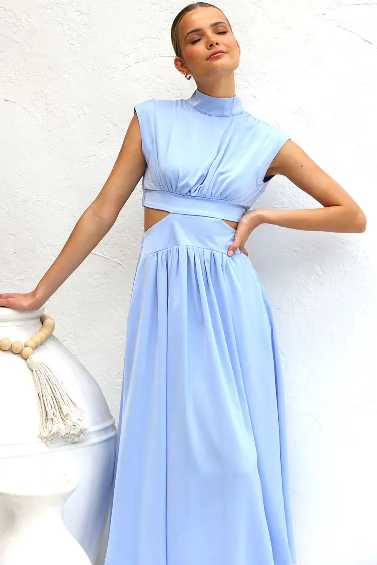 Flowy High Neck Ruched Trim Cutout Waist Summer Midi Sundress - Light Blue