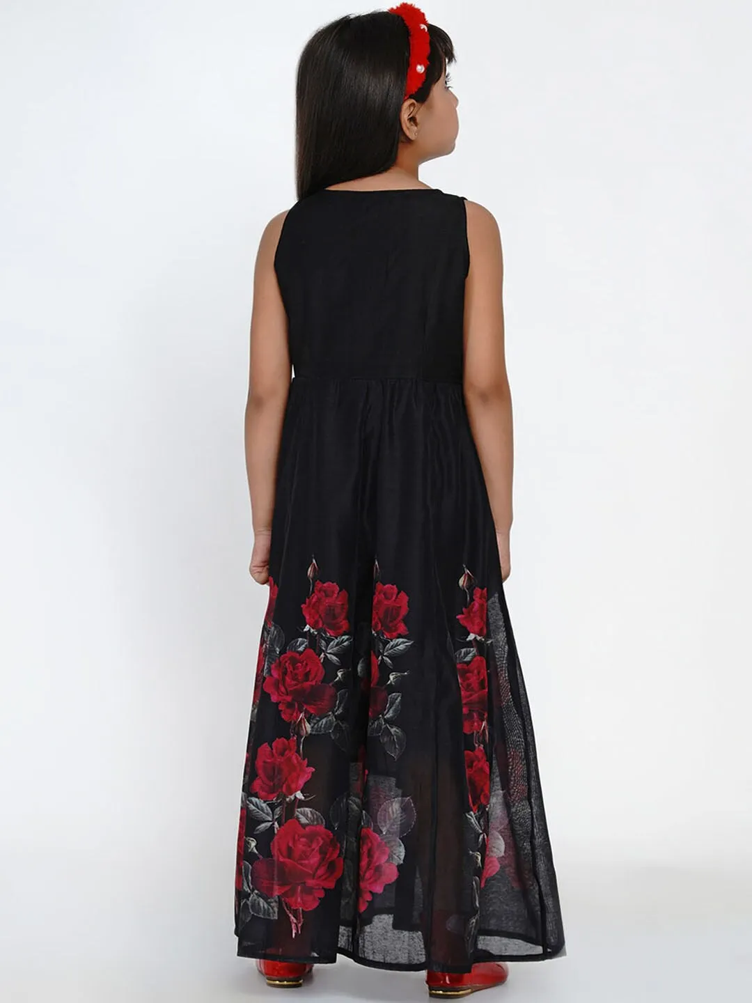 Girls Black & Red Floral Printed A-Line Maxi Dress