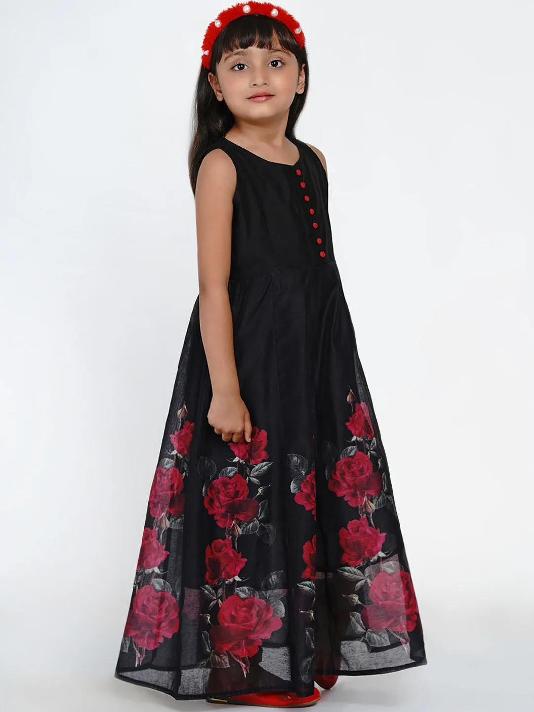 Girls Black & Red Floral Printed A-Line Maxi Dress