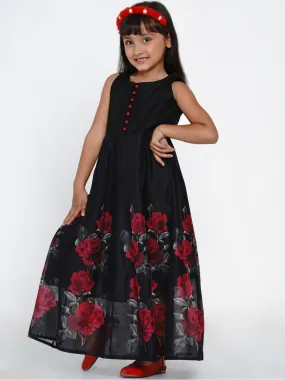 Girls Black & Red Floral Printed A-Line Maxi Dress