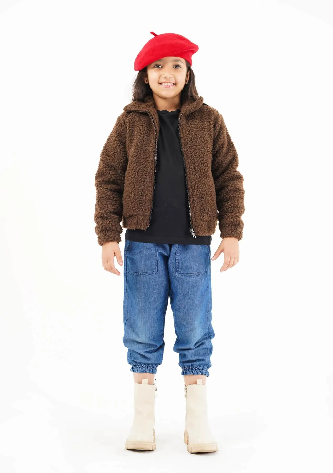 Girls Teddy Faux Fur Bomber Jacket - chocolate brown