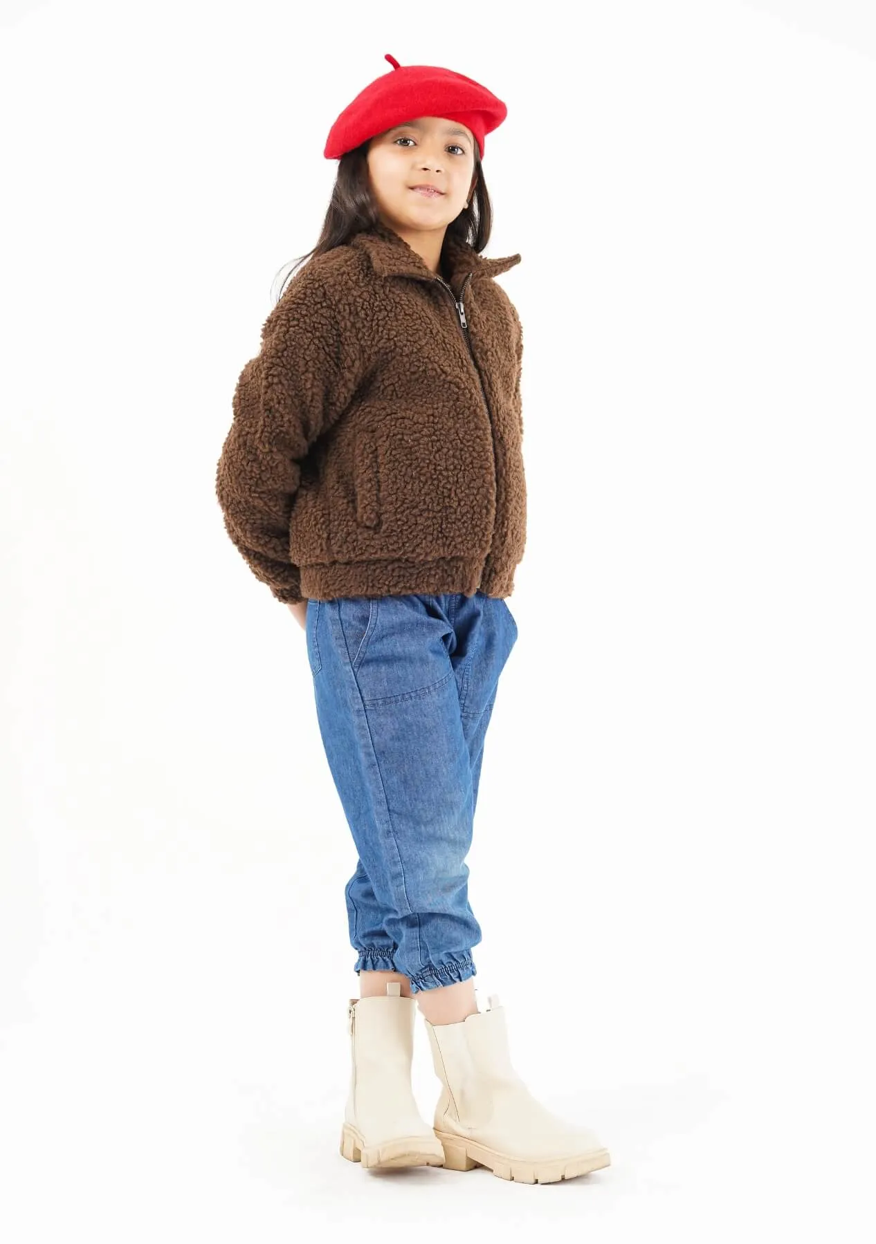 Girls Teddy Faux Fur Bomber Jacket - chocolate brown