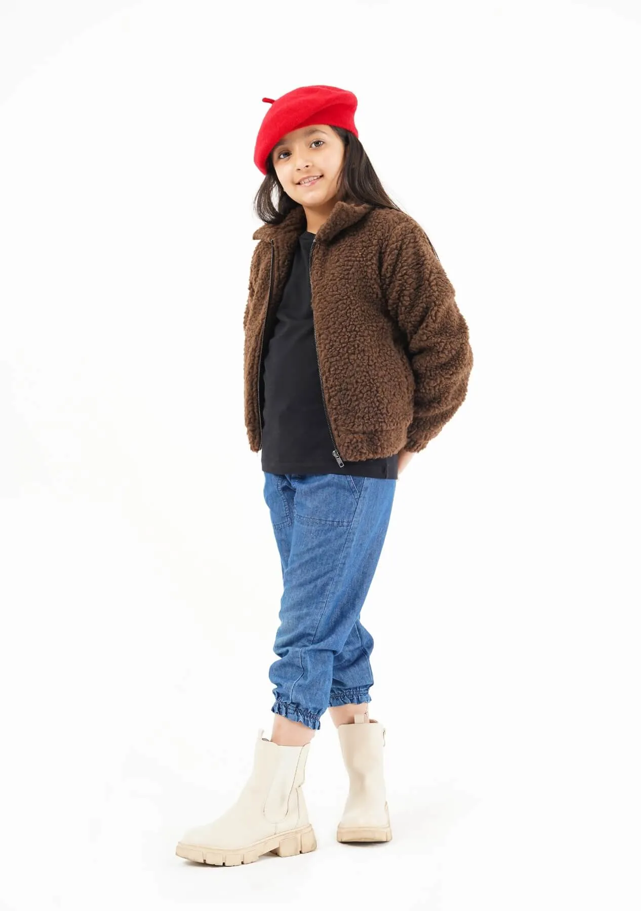 Girls Teddy Faux Fur Bomber Jacket - chocolate brown