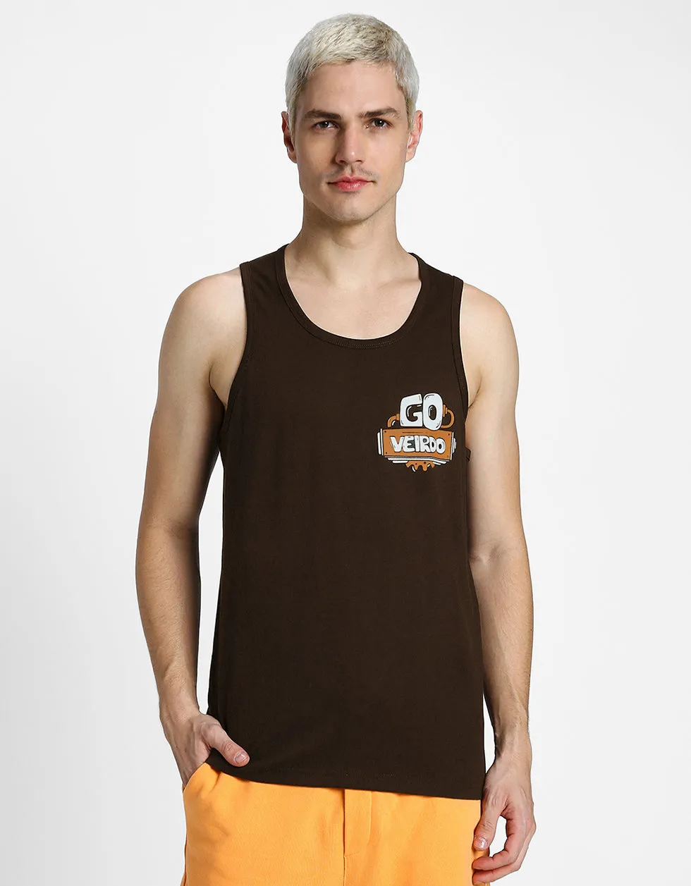 Go Veirdo Brown Printed Gym Vest