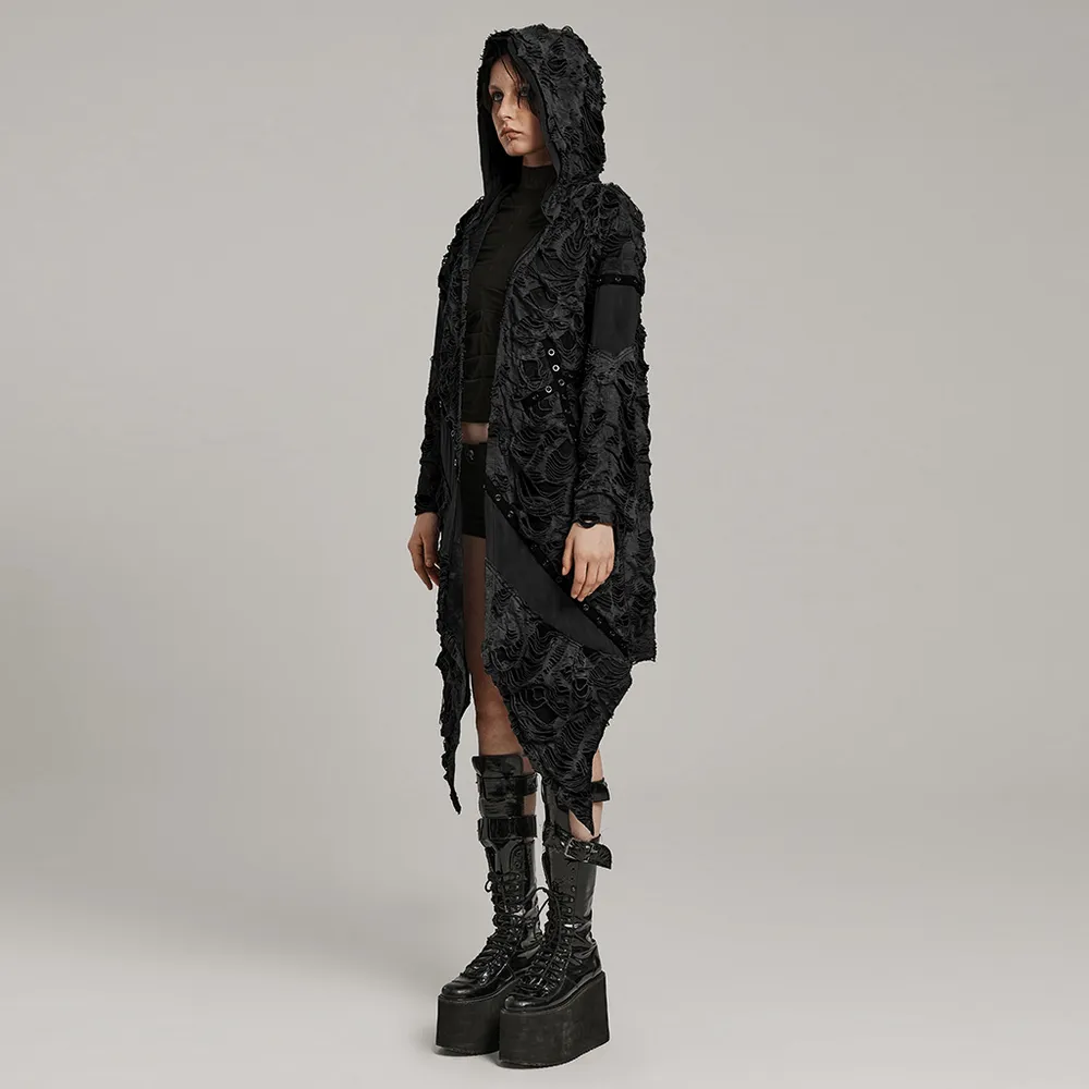 Gothic Black Tie-Dye Asymmetrical Long Coat With Hood