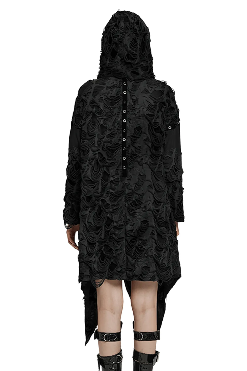 Gothic Black Tie-Dye Asymmetrical Long Coat With Hood