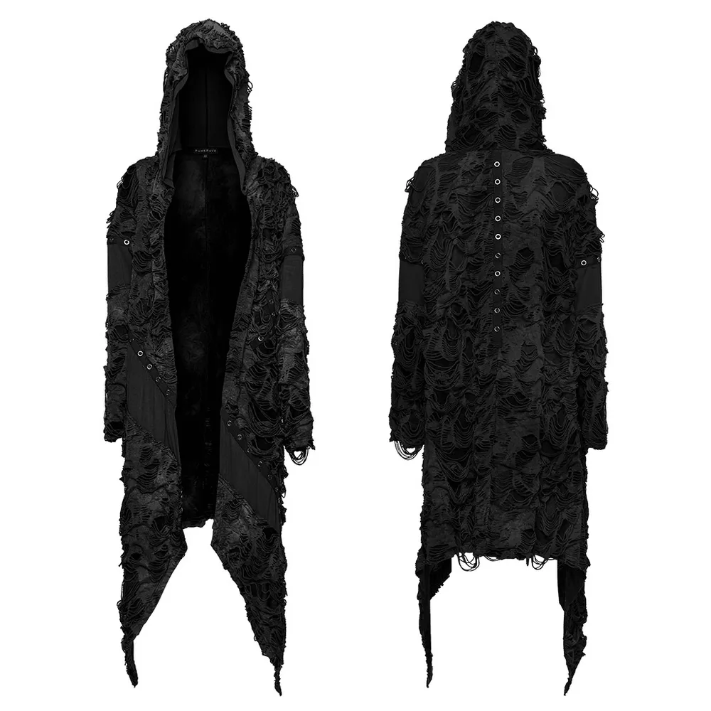 Gothic Black Tie-Dye Asymmetrical Long Coat With Hood