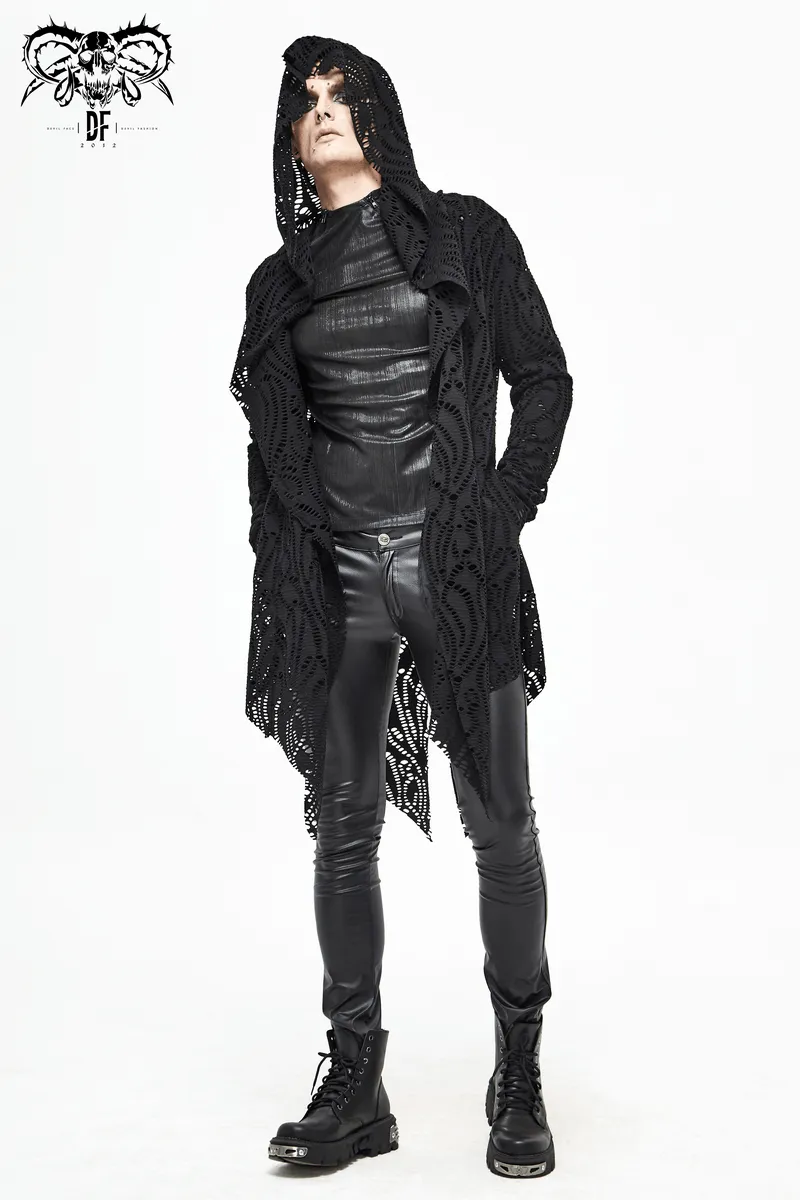 Gothic Lace-up Black Crochet Coat with Hood / Long Trench Coat For Men