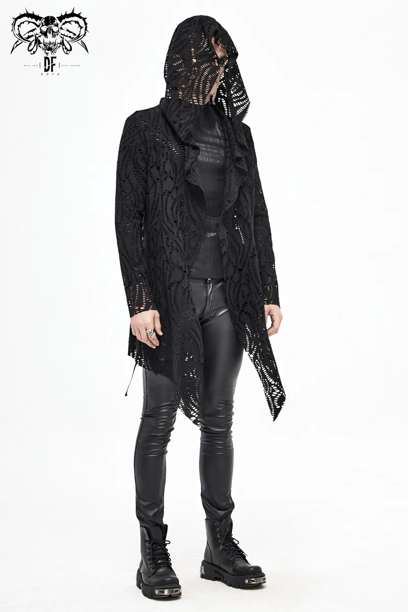 Gothic Lace-up Black Crochet Coat with Hood / Long Trench Coat For Men