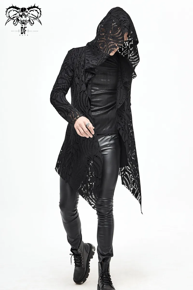 Gothic Lace-up Black Crochet Coat with Hood / Long Trench Coat For Men