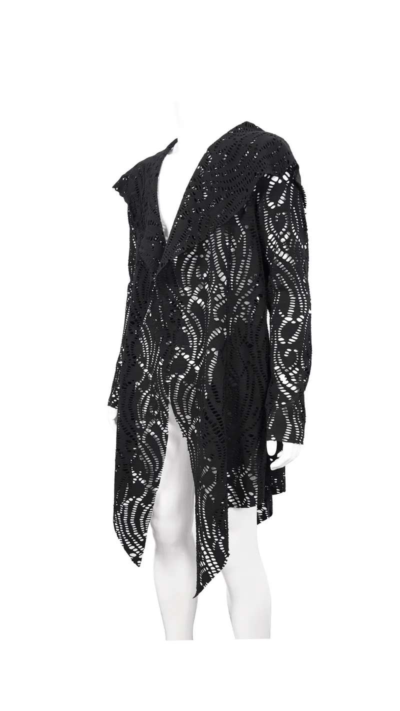 Gothic Lace-up Black Crochet Coat with Hood / Long Trench Coat For Men