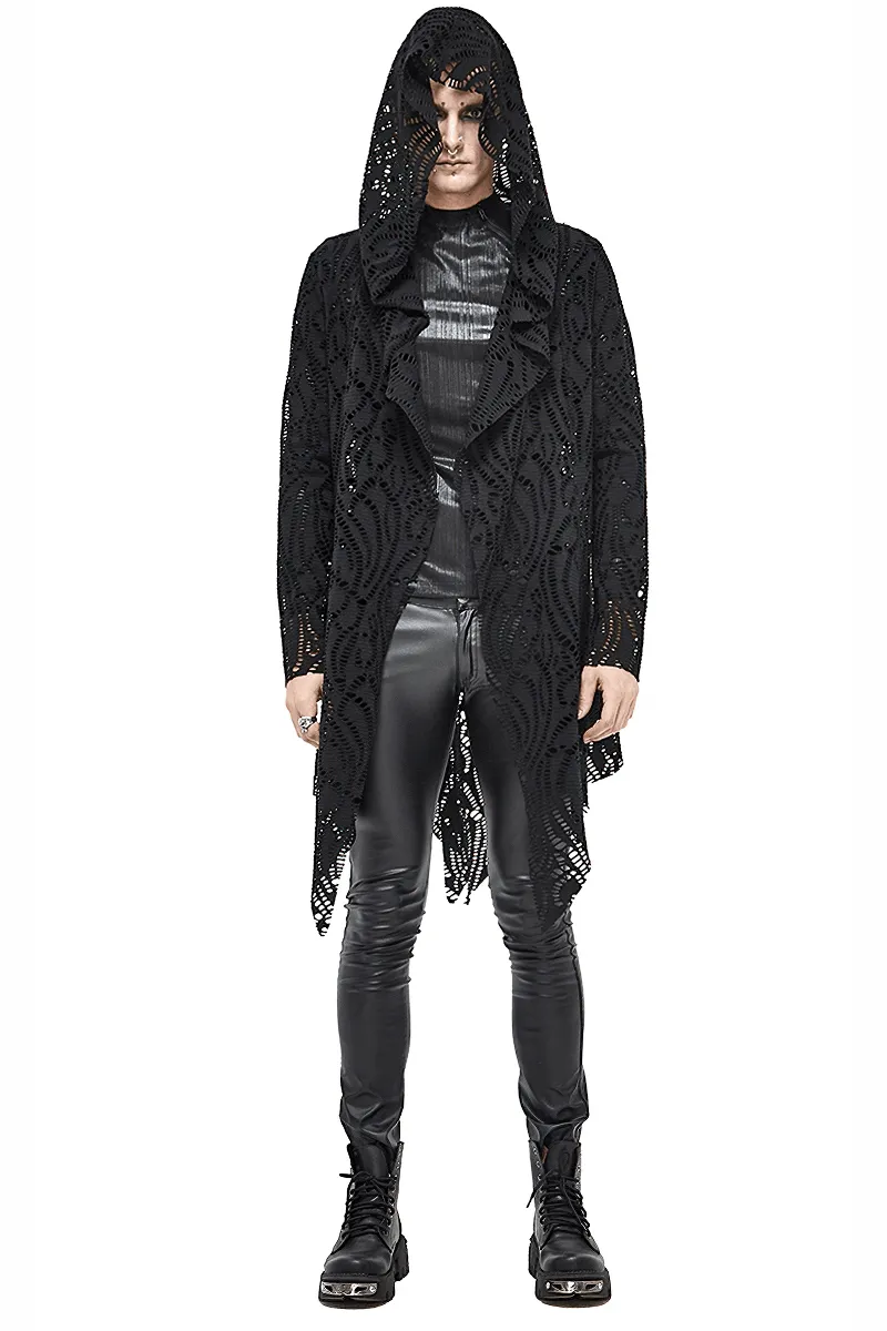 Gothic Lace-up Black Crochet Coat with Hood / Long Trench Coat For Men