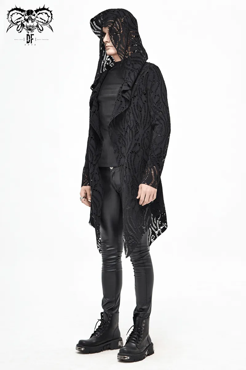 Gothic Lace-up Black Crochet Coat with Hood / Long Trench Coat For Men