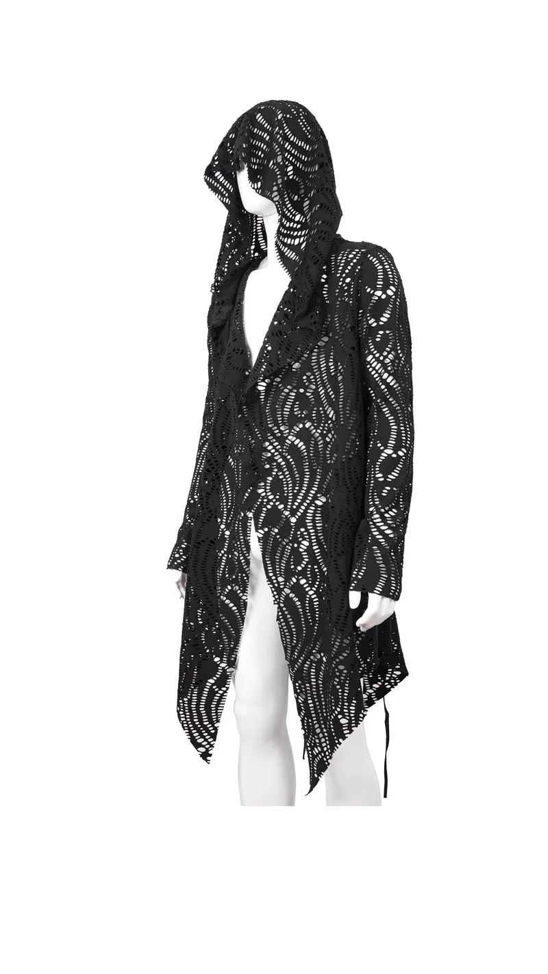 Gothic Lace-up Black Crochet Coat with Hood / Long Trench Coat For Men