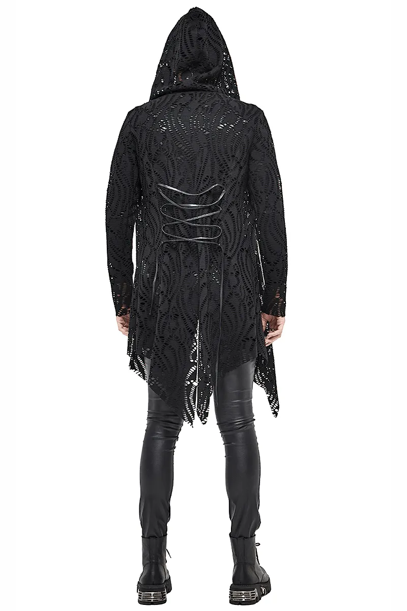 Gothic Lace-up Black Crochet Coat with Hood / Long Trench Coat For Men