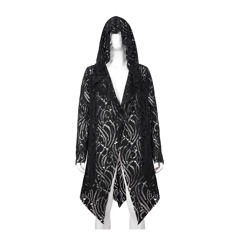 Gothic Lace-up Black Crochet Coat with Hood / Long Trench Coat For Men