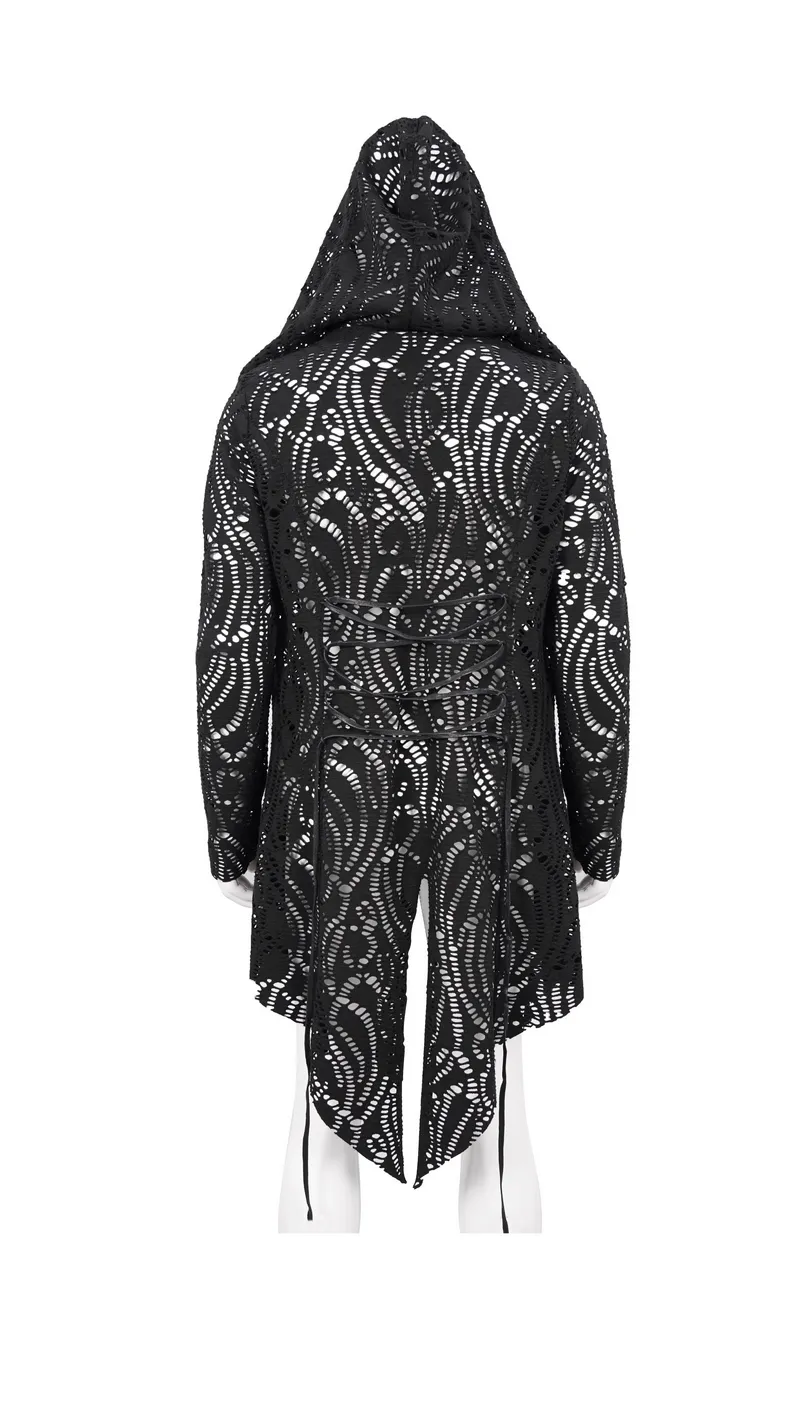 Gothic Lace-up Black Crochet Coat with Hood / Long Trench Coat For Men