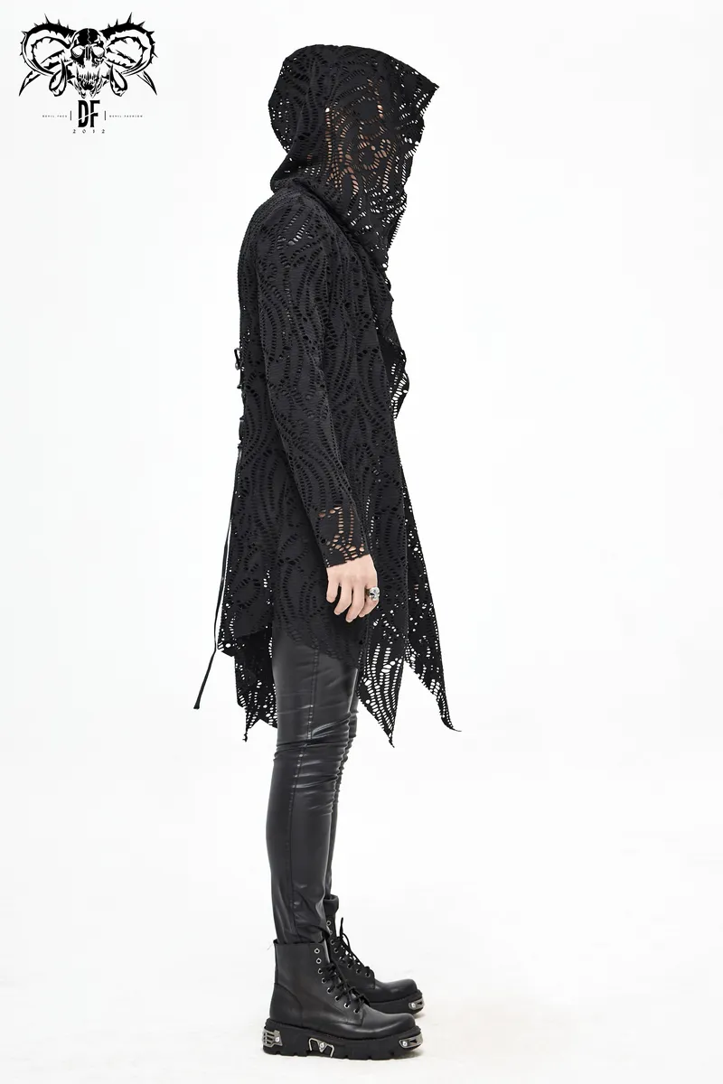 Gothic Lace-up Black Crochet Coat with Hood / Long Trench Coat For Men