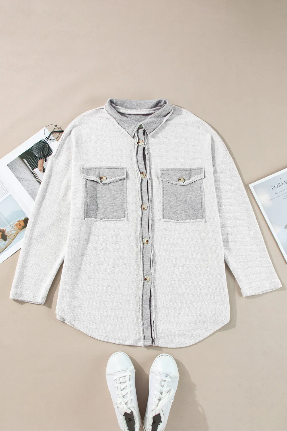 Gray Contrast Flap Pockets Relaxed Shacket