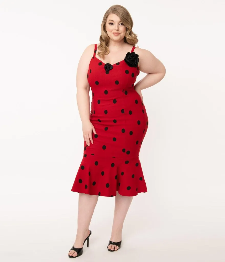 Grease x Unique Vintage Red & Black Polka Dot Rizzo Wiggle Dress (4XL ONLY)