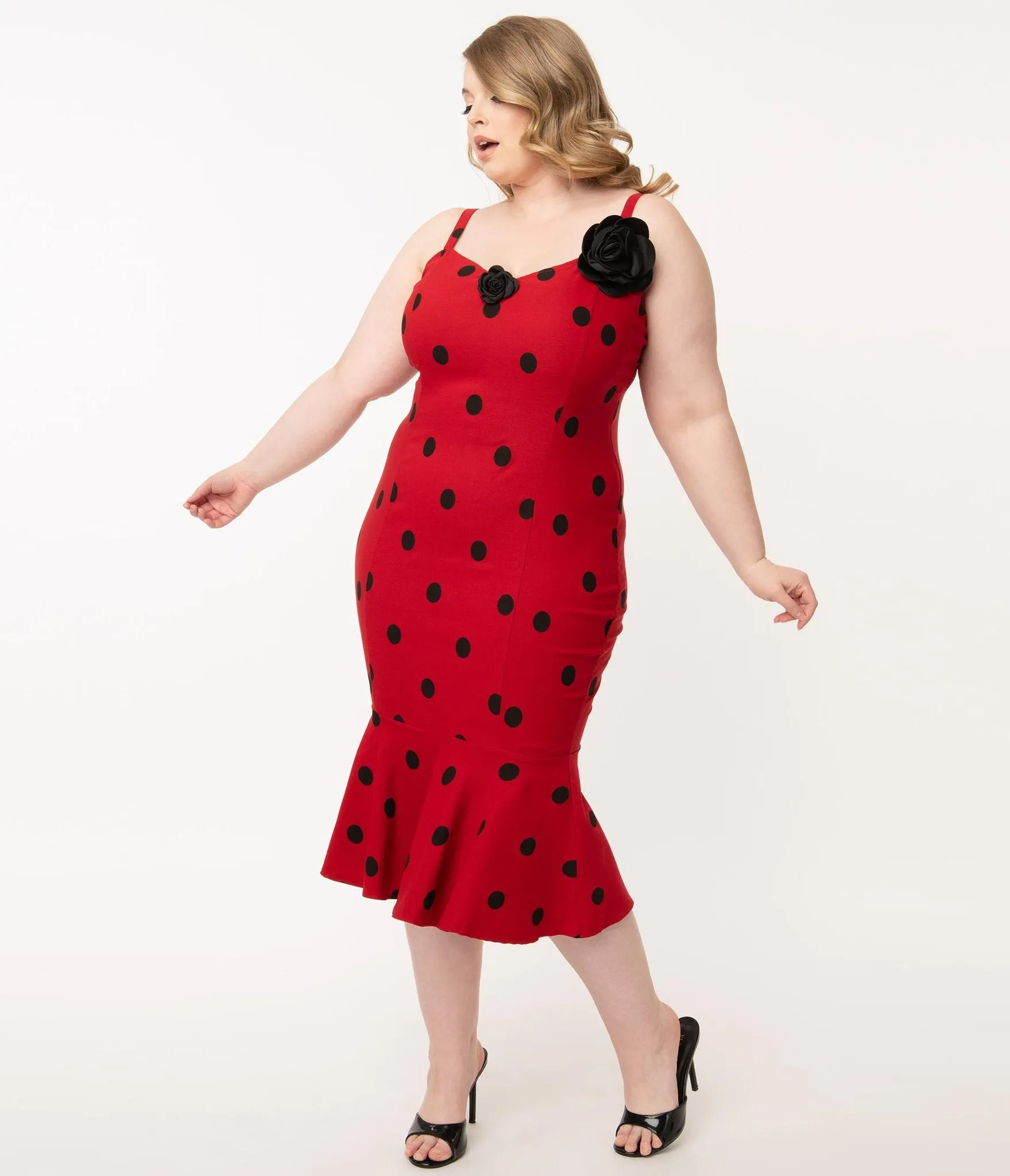 Grease x Unique Vintage Red & Black Polka Dot Rizzo Wiggle Dress (4XL ONLY)