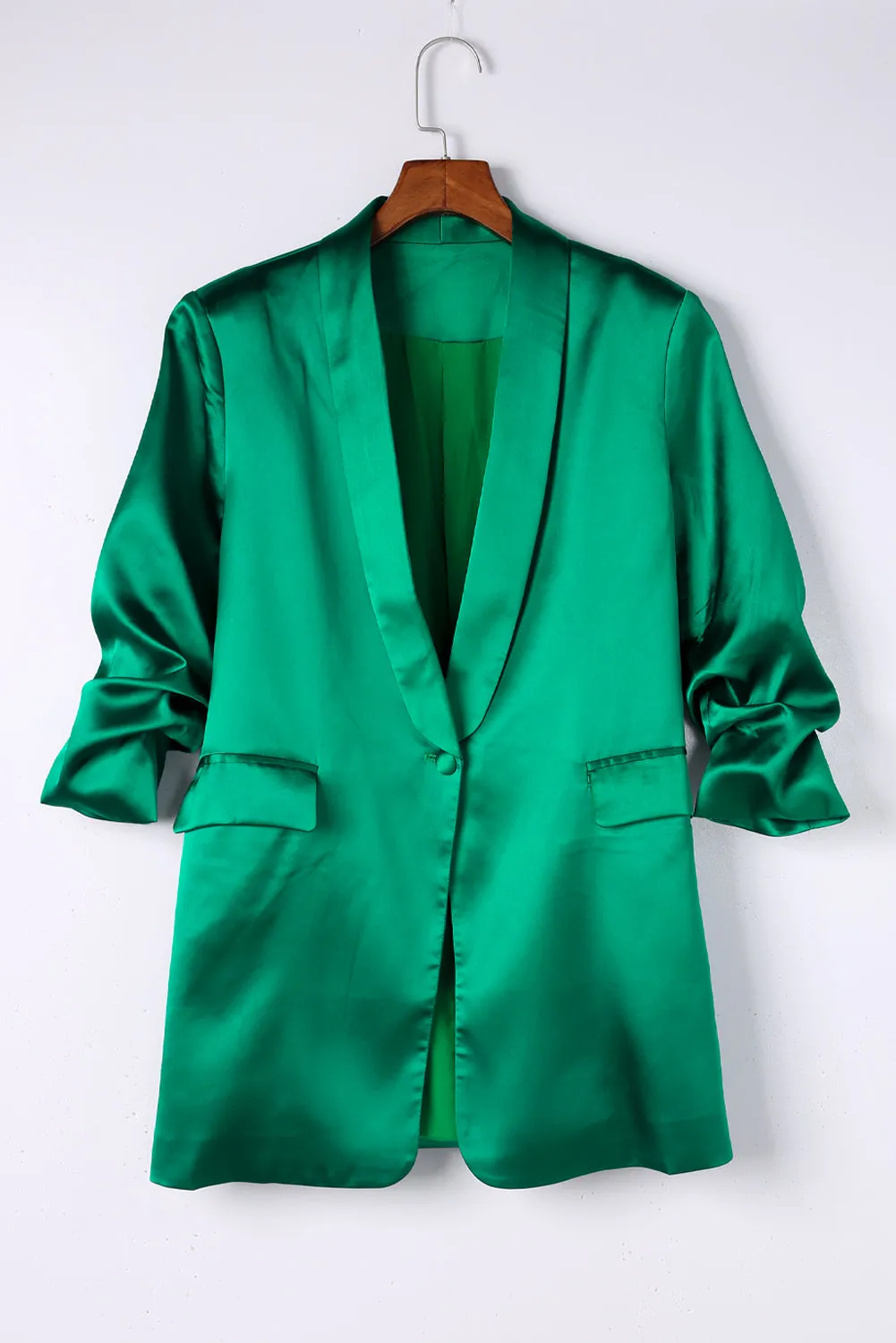 Green Lapel Collar Pocketed Satin Blazer