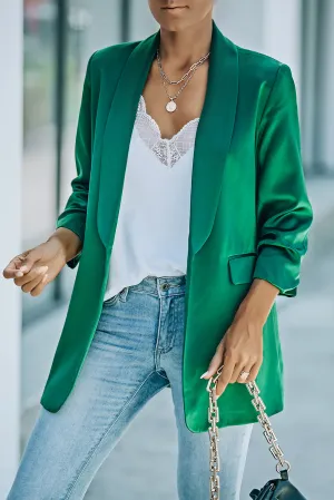 Green Lapel Collar Pocketed Satin Blazer