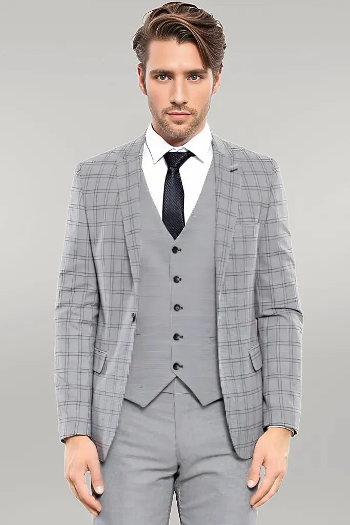 Grey Plaid Vested Men's Suit | Wessi