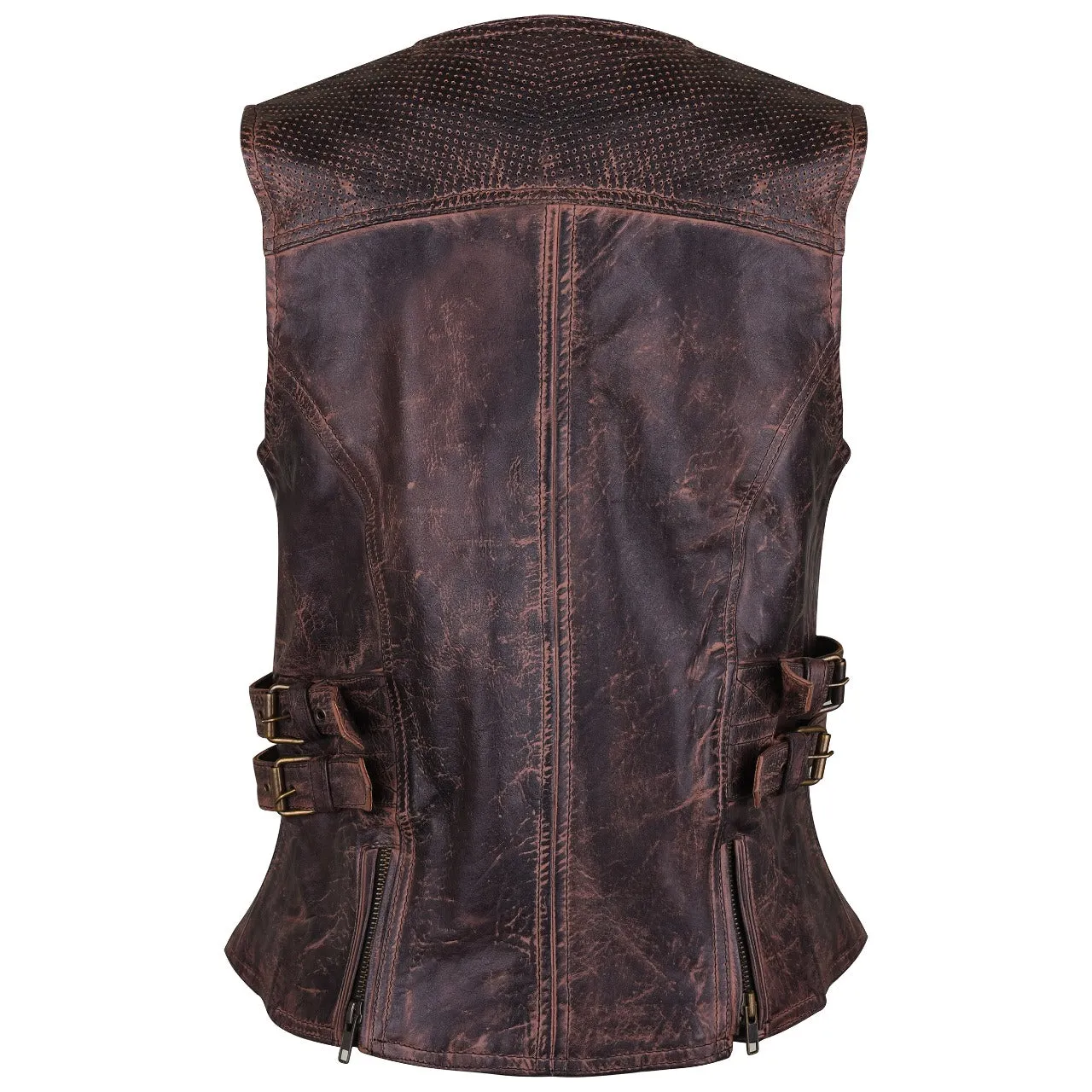 HML1037VB Ladies Vintage Brown Premium Leather Concealed Carry Motorcycle Vest