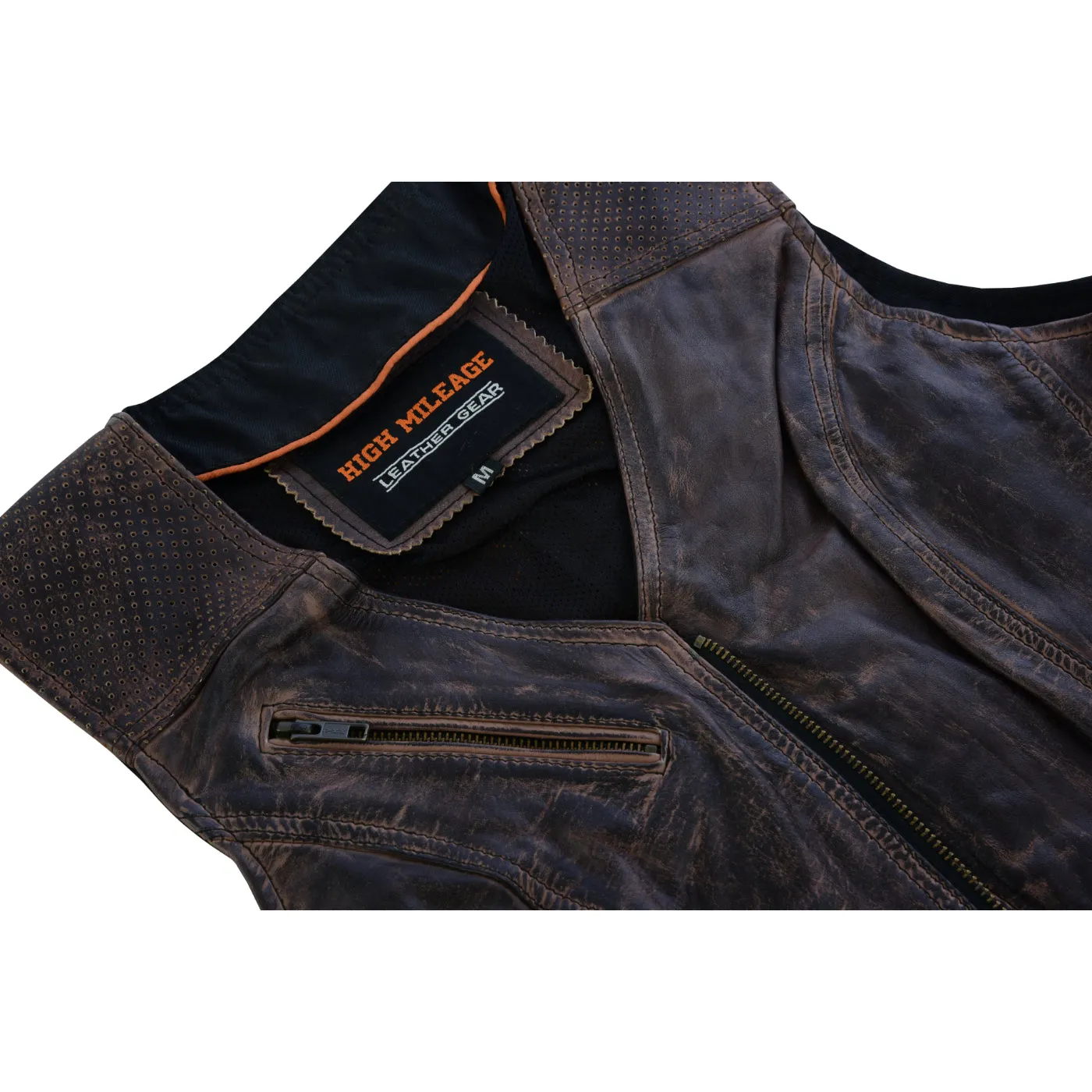 HML1037VB Ladies Vintage Brown Premium Leather Concealed Carry Motorcycle Vest