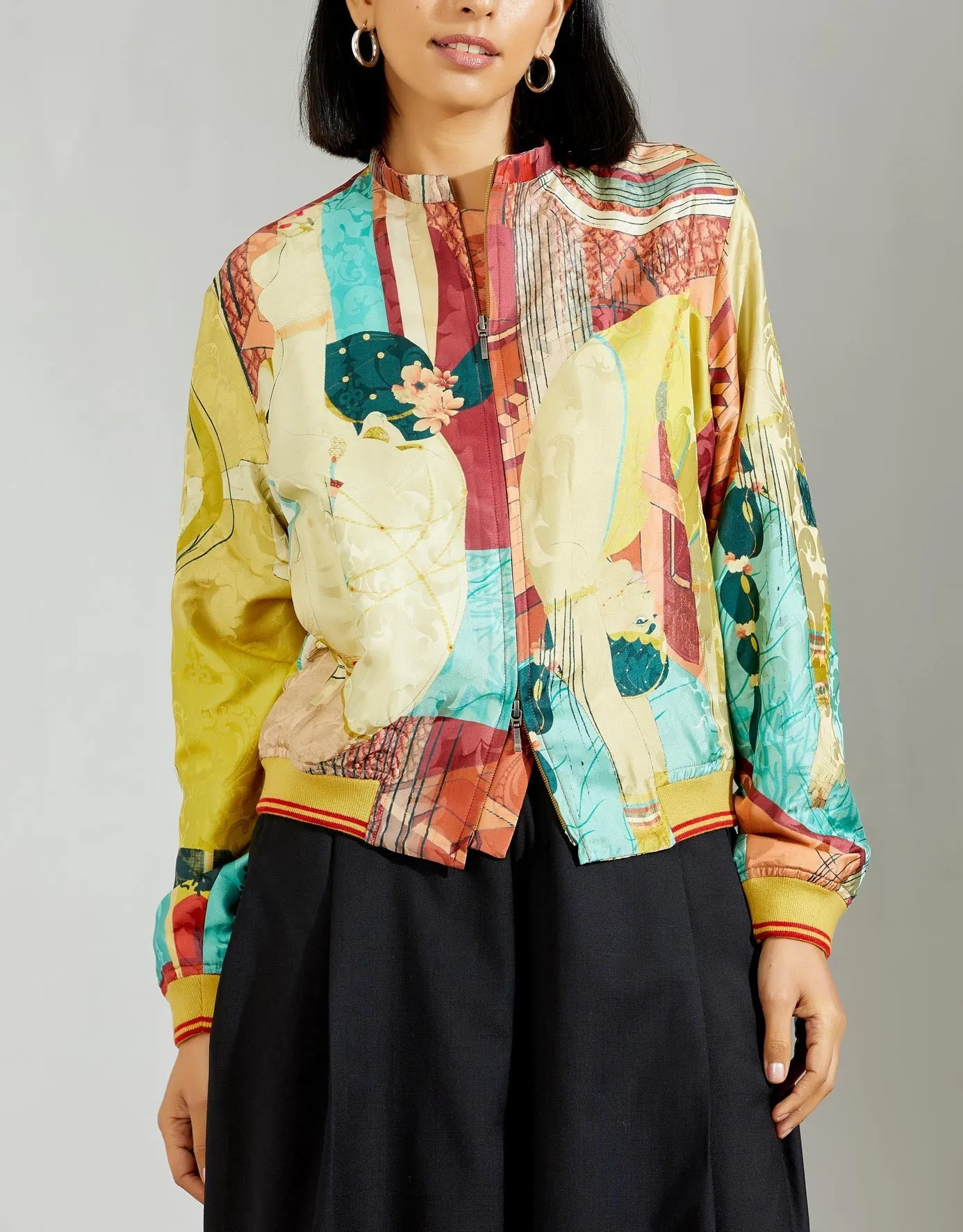 Janbaaz Bomber Jacket Silk Damask Mustard