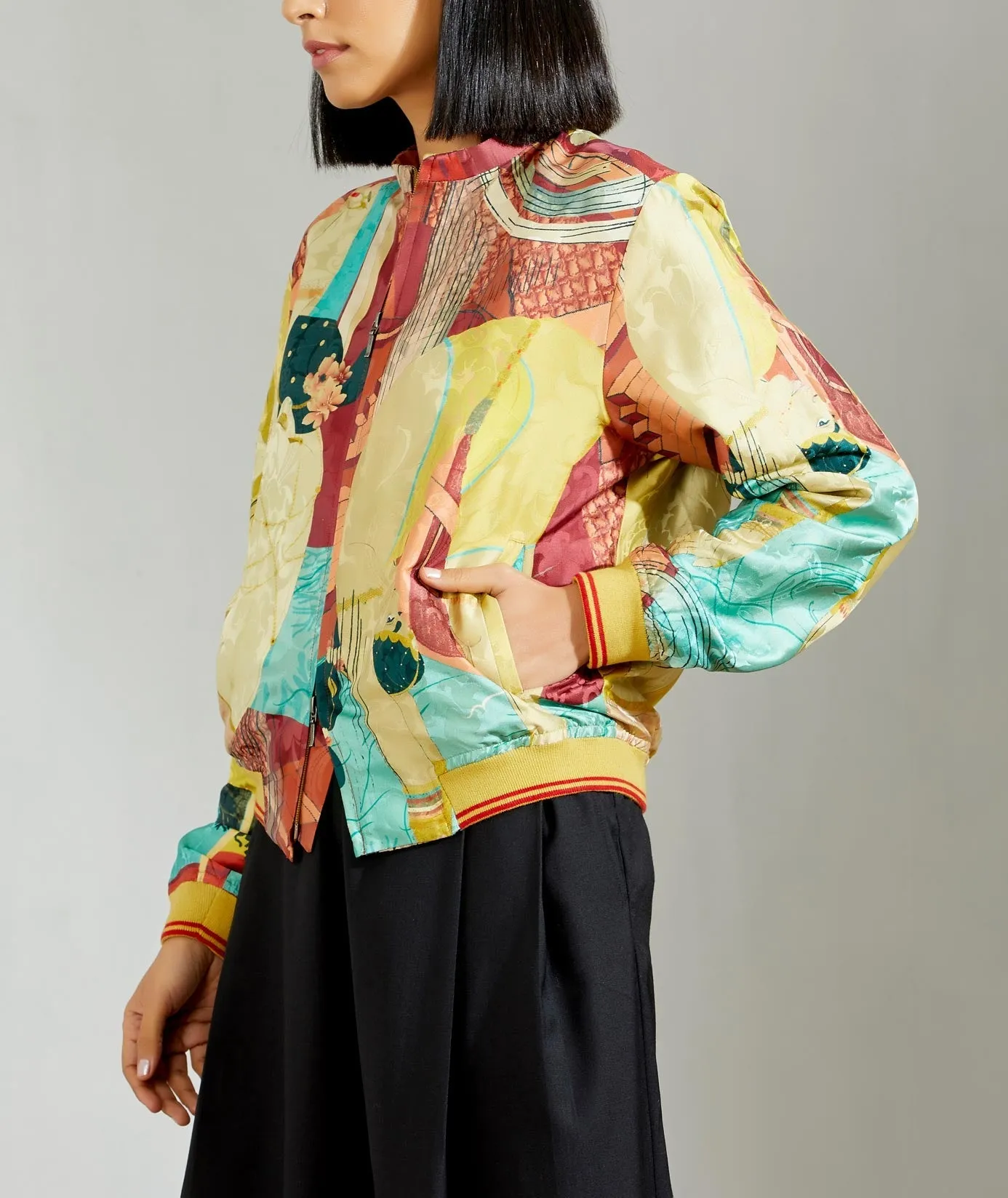 Janbaaz Bomber Jacket Silk Damask Mustard