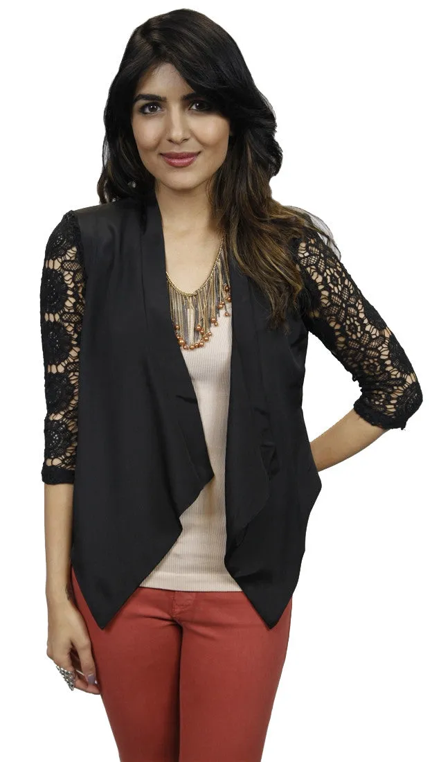 Jessyka Robyn Crochet Sleeve Open Blazer in Black