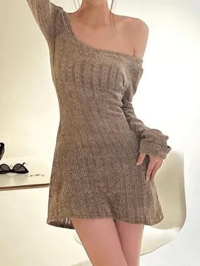 LANFUBEISI - Vintage Brown Long Sleeve Sweater Mini Dress