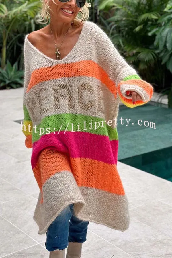 Lilipretty True Faith Knit Peace Pattern Color Blocks Loose Midi Sweater Dress