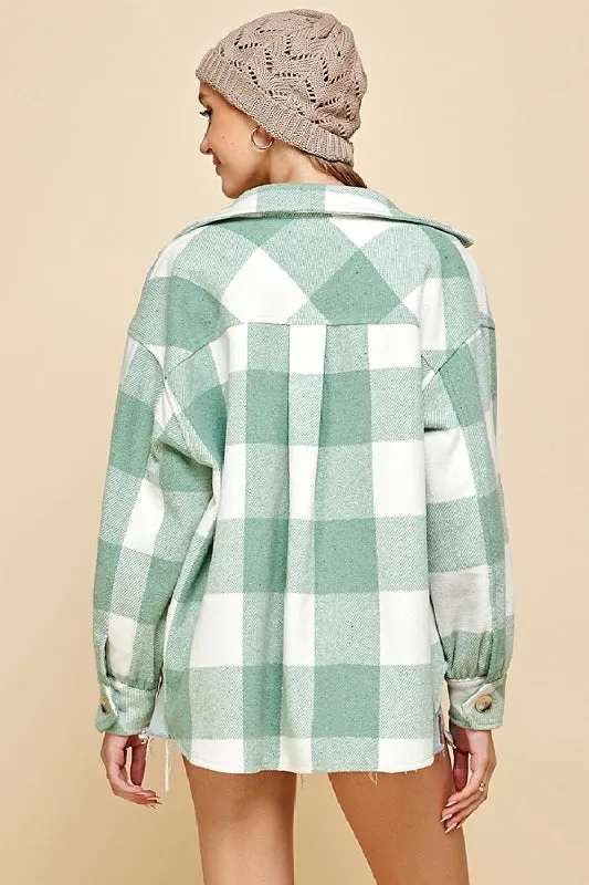 Lime N Chili Plaid Shacket Flannel Lined Coat - Sage/Ivory