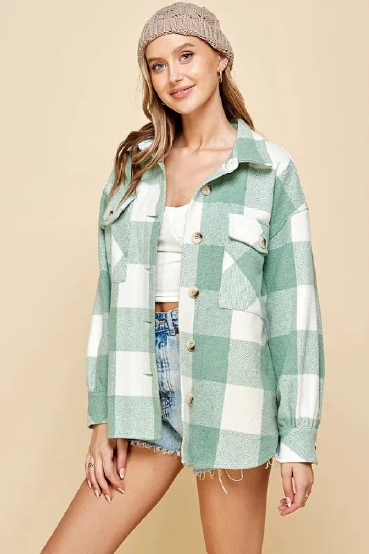 Lime N Chili Plaid Shacket Flannel Lined Coat - Sage/Ivory