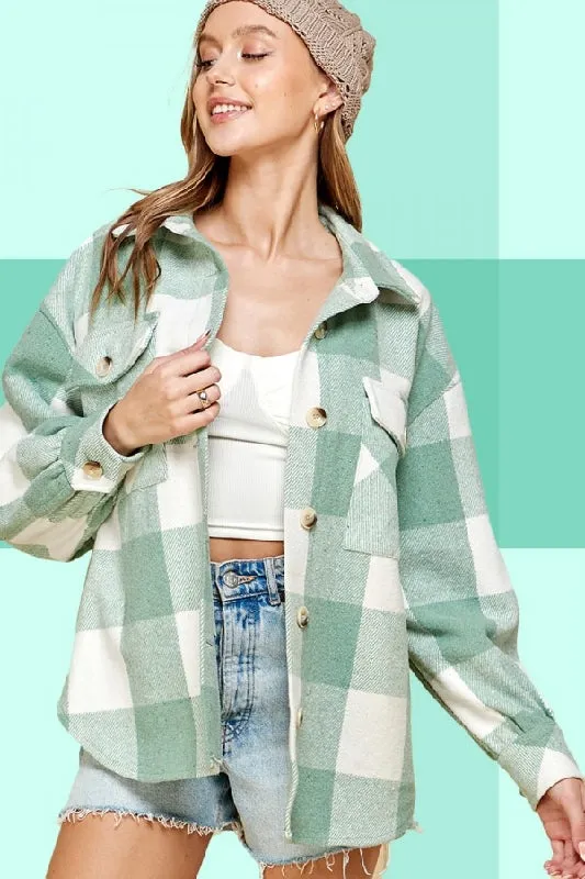 Lime N Chili Plaid Shacket Flannel Lined Coat - Sage/Ivory