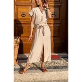 Linen Front Slit With Belt Vintage Woman Dress,With Pocket Short Sleeve,Polo Collared Dress,Button Down Dress,Casual Dress,Maxi Dress