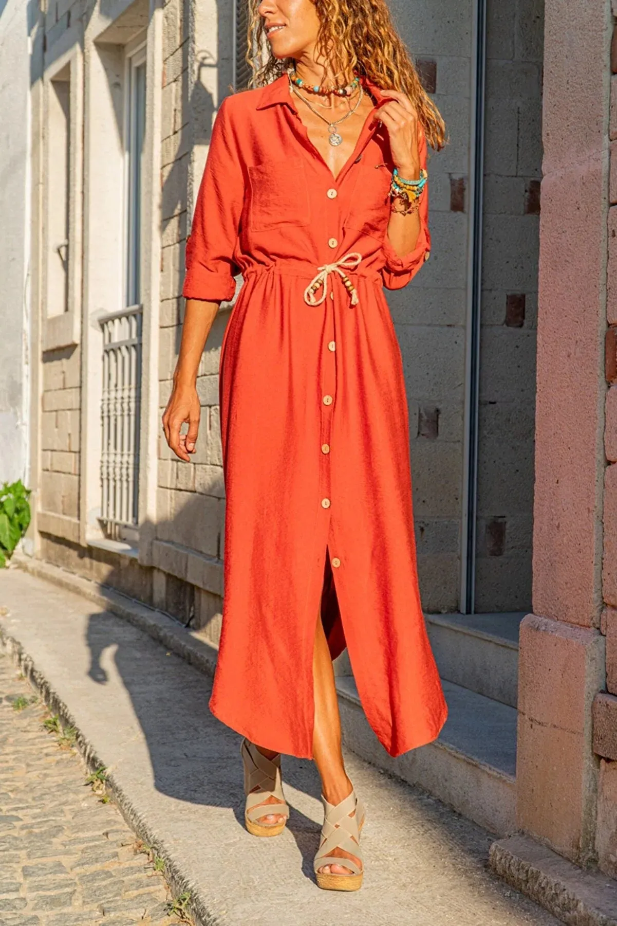 Linen Waist Pleated Straw Belt Vintage Shirt Dress,With Pocket Short Sleeve,Polo Collared Dress,Button Down Dress,Casual Dress,Maxi Dress