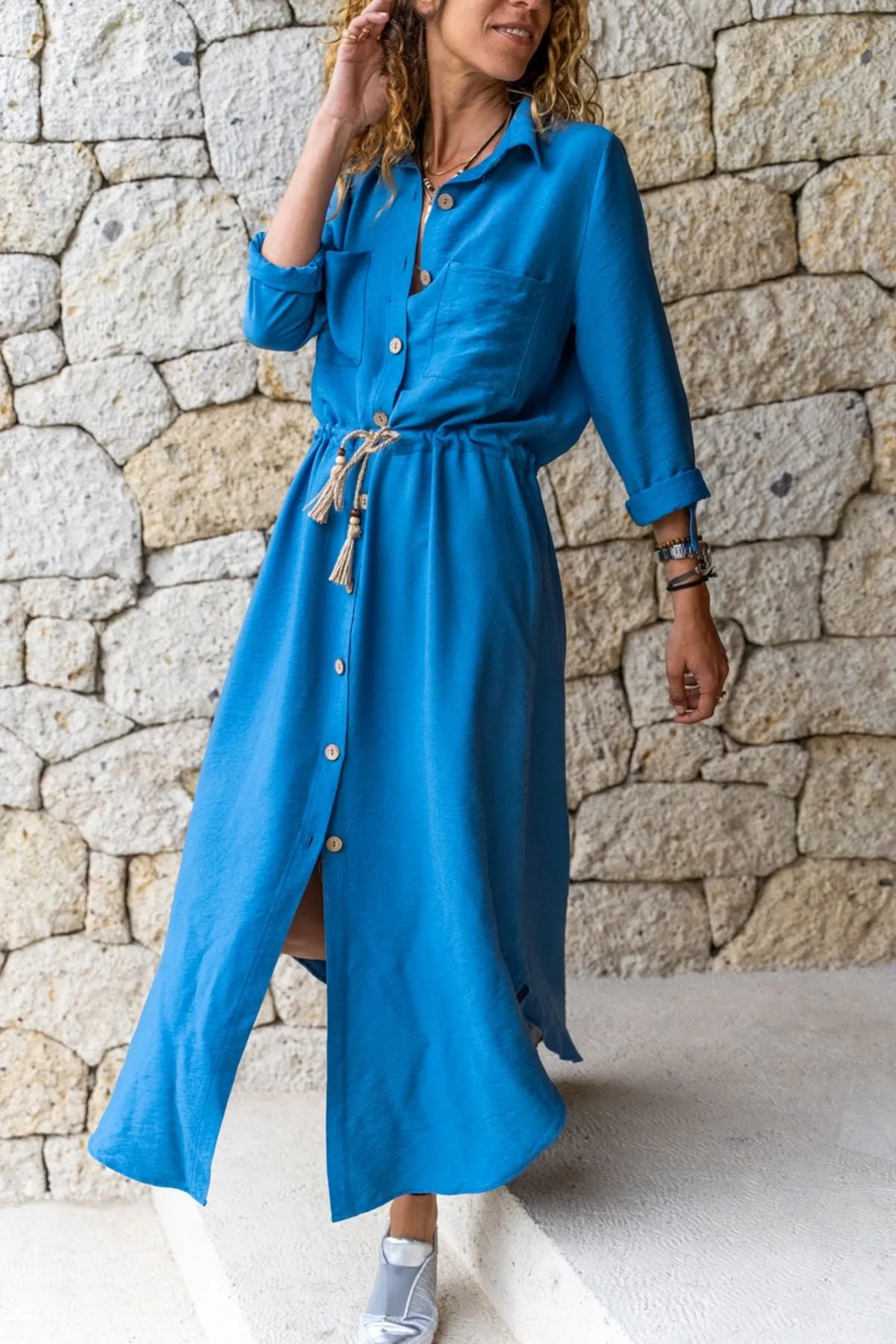 Linen Waist Pleated Straw Belt Vintage Shirt Dress,With Pocket Short Sleeve,Polo Collared Dress,Button Down Dress,Casual Dress,Maxi Dress