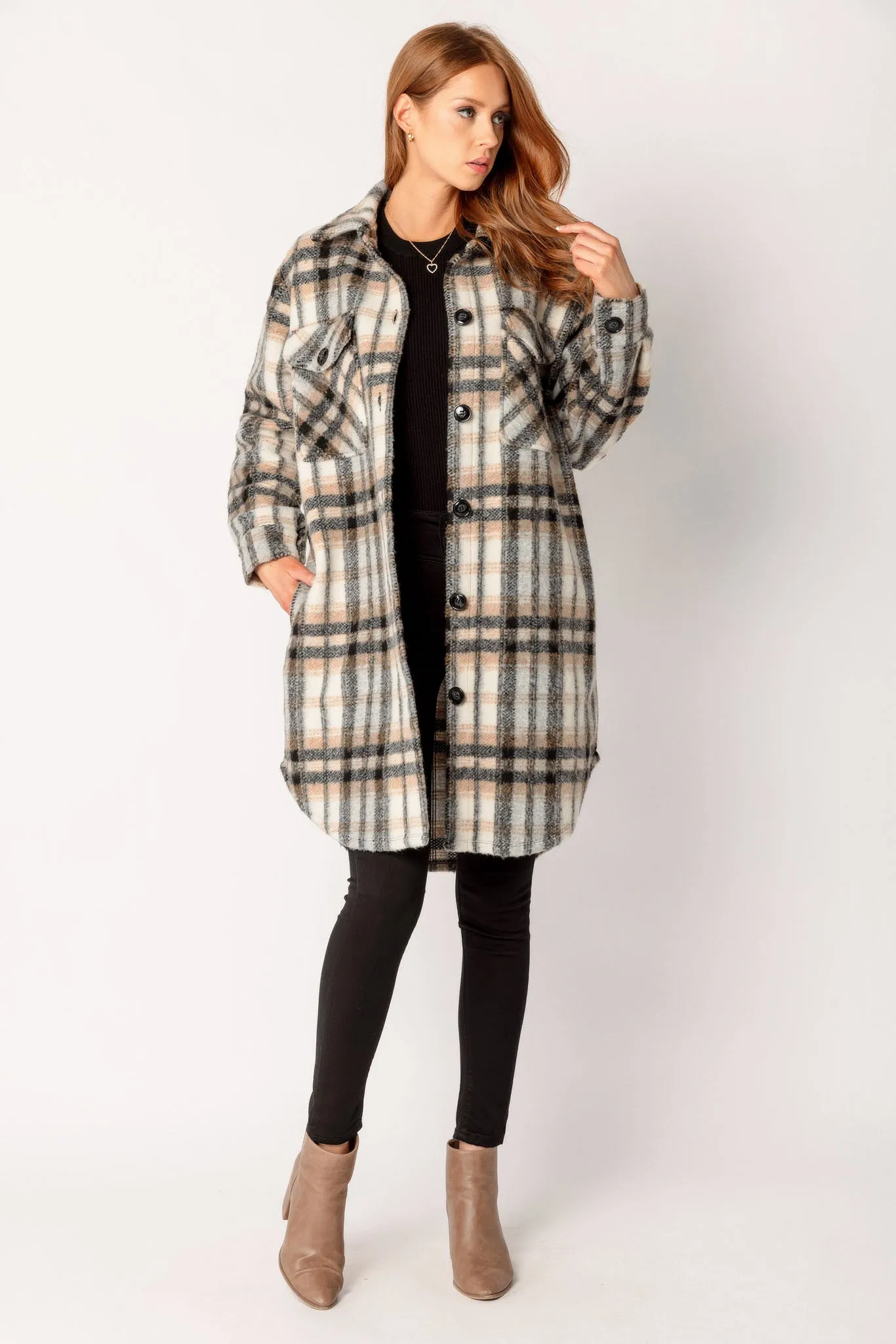 Long Buttoned-Down Plaid Shacket