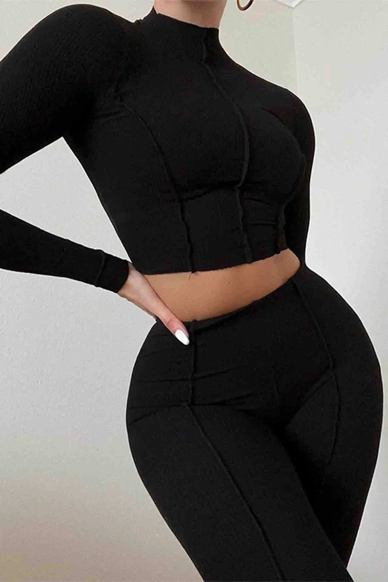 Long Sleeve Half Turtleneck Crop Top Long Pants Set